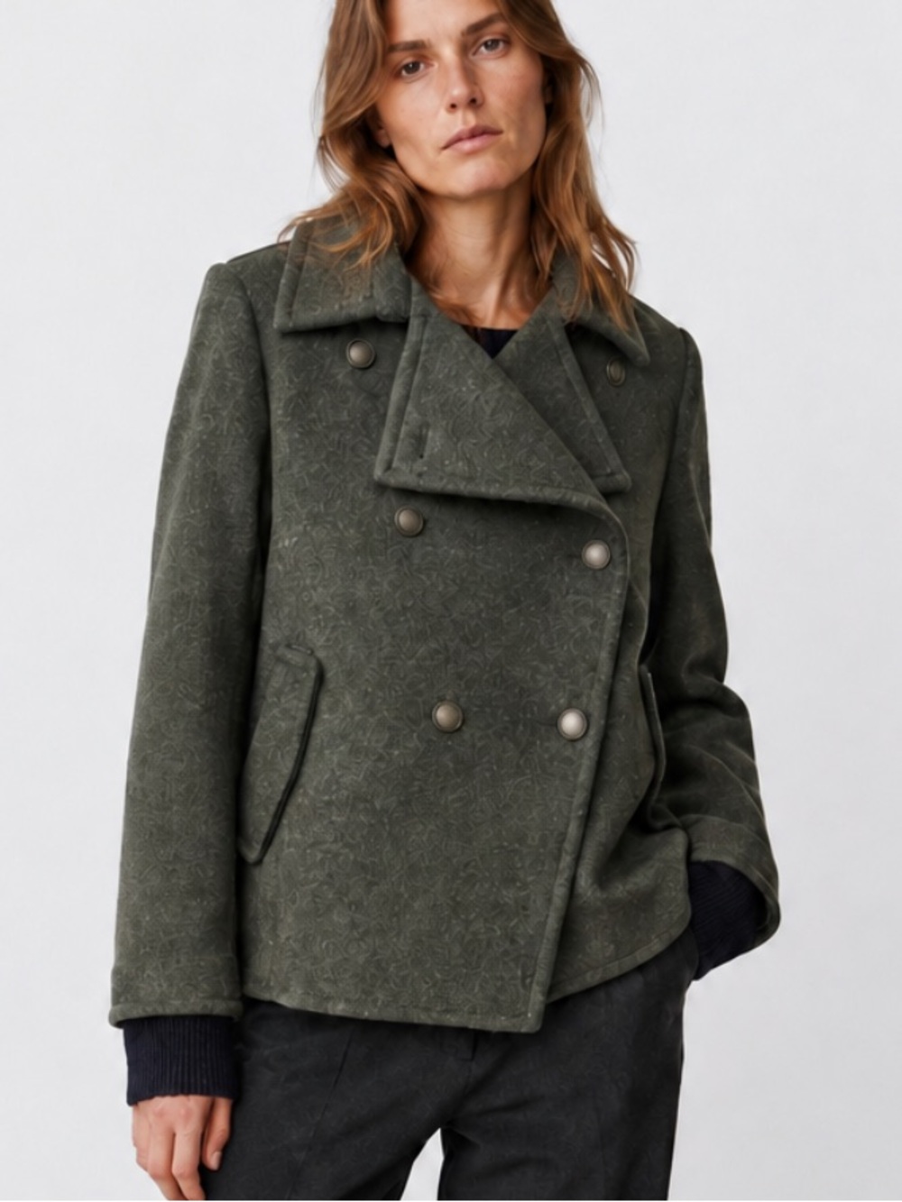 Bagatelle Collection Double Breasted Coat in Olive Green